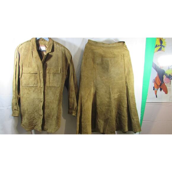 West Bay Leather Womens 2-Pc Suit Set Brown Blazer Jacket M And Skirt Size 8 - Picture 1 of 14